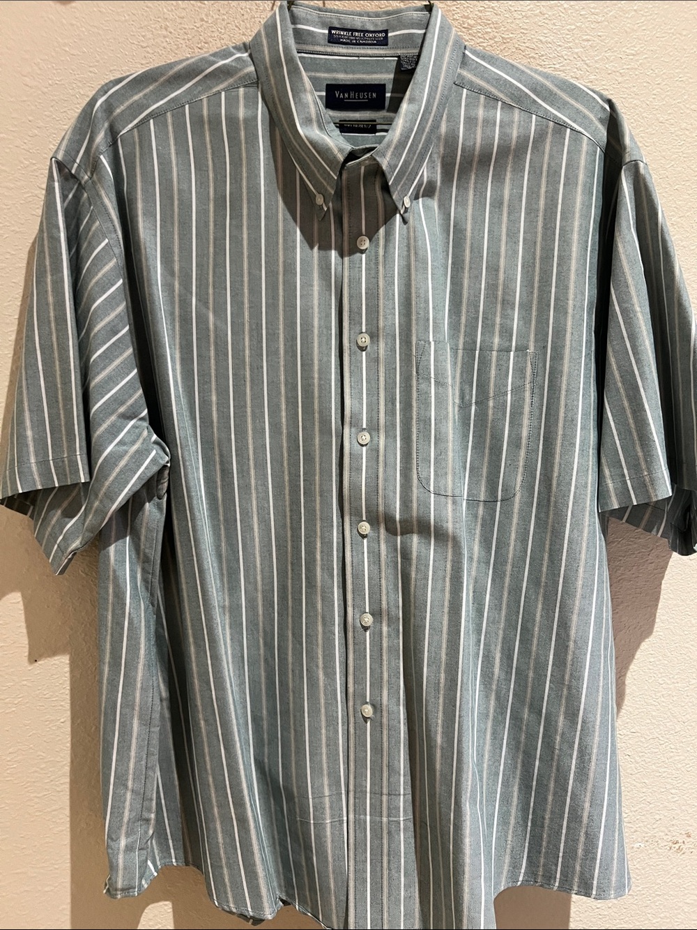 Van Heusen Short Sleeve Button-Down Shirt in Sage Green with White Stripes